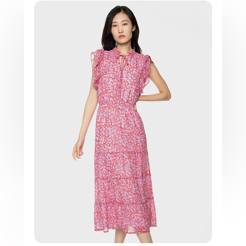 Red and blue floral maxi dress with blue floral detail. Brand Dex.